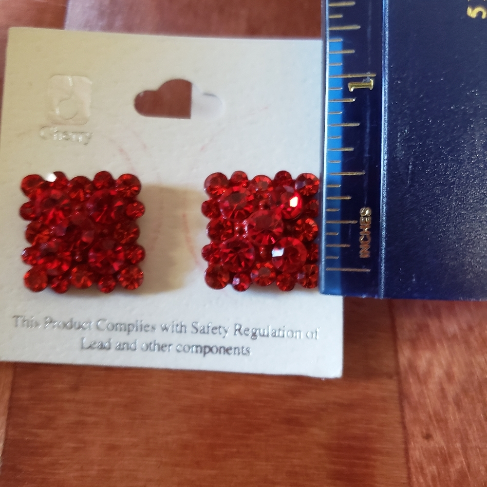 Cherry Red Rhinestone Earrings - Picture 6 of 6